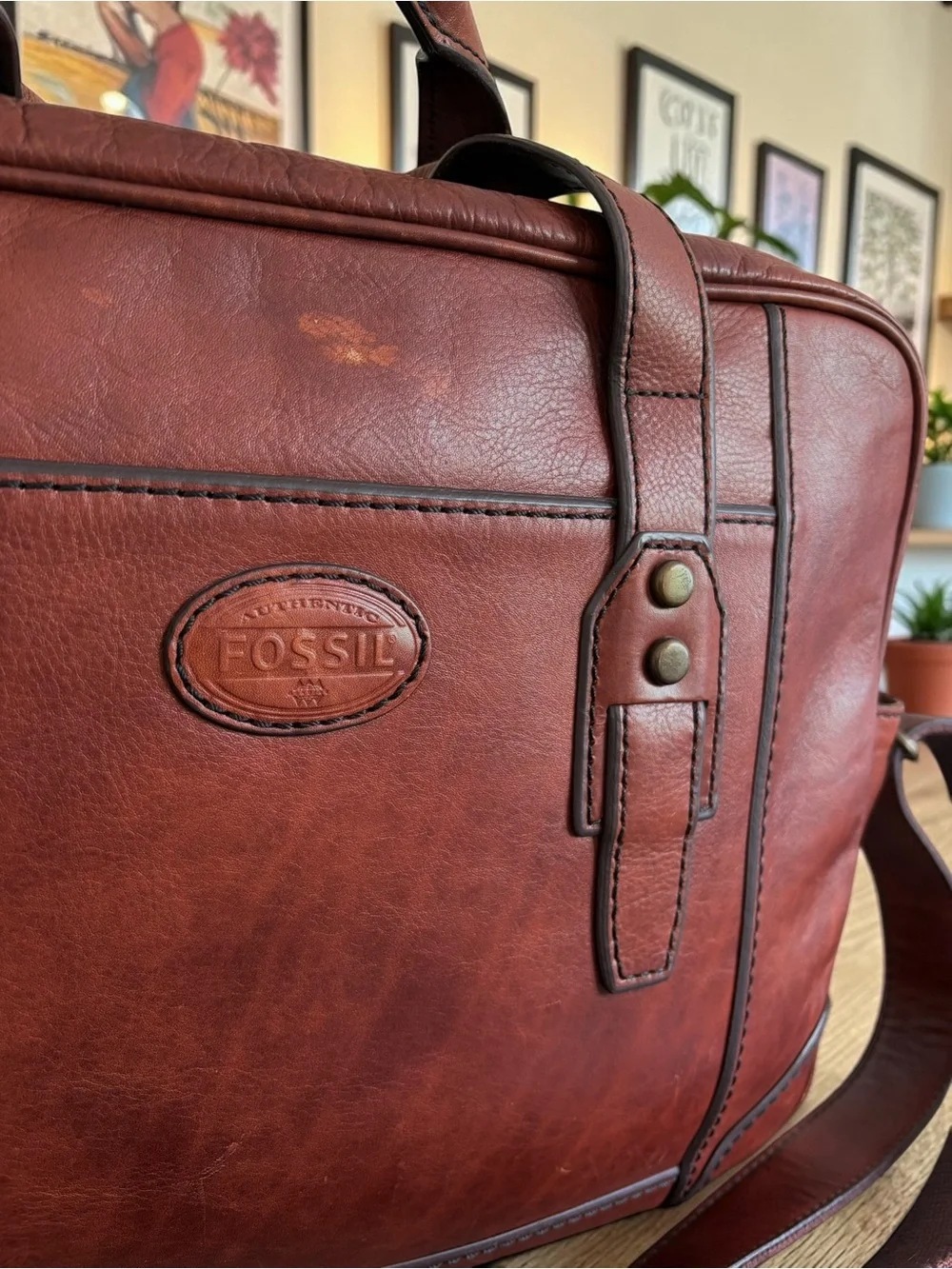 Fossil Chestnut Brown Leather Laptop Bag with Shoulder Strap